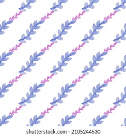Seamless pattern with hand-drawn watercolor blue and purple branches with leaves on white. Summer, spring season. Organic, natural, freshness concept for textile, print, etc.