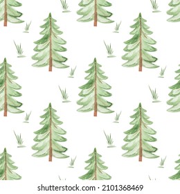 Seamless pattern with hand-drawn watercolor green Christmas tree and grass on white background. Print for textiles, postcards, etc. Illustration
