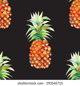 Seamless pattern with hand-drawn watercolor pineapples.