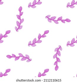 Seamless pattern with hand-drawn watercolor purple branches with leaves on white. Summer, spring season. Organic, natural, freshness concept for textile, print, etc.