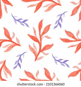 Nahtloses Muster mit handgezeichnet gezeichneten, roten und blauen Ästen mit Blättern auf Weiß. Herbstgrafik. Organisches, natürliches, frisches Konzept für Textilien, Druck usw.