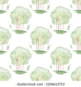 Seamless pattern with hand-drawn watercolor shrub with lush green foliage and grass on white. Illustration