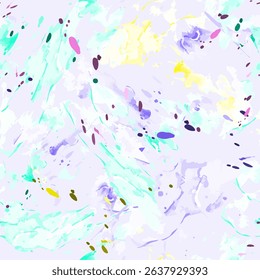 Seamless pattern of a hand-drawn watercolor texture with blue, mint green, yellow, purple, and pink abstract floral leaf background elements.