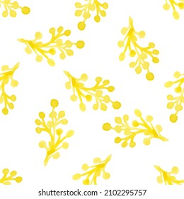 Seamless pattern with hand-drawn watercolor yellow branches with berries on white. Organic, natural, freshness concept for textile, print, etc. Illustration