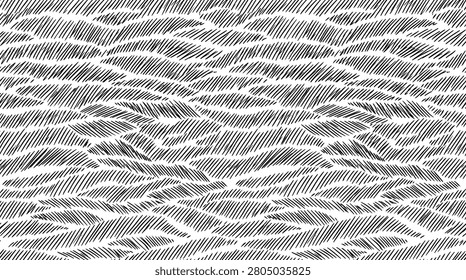 A seamless pattern of hand-drawn waves in black and white, presented as a distinctive silhouette style for versatile design applications.