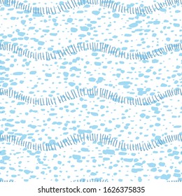 Seamless pattern of hand-drawn waves. Ocean water splashes flowing. Blue grunge texture on white background. Perfect as wrapping paper, wallpaper. Vector waves set template for your summertime design