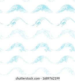 Seamless pattern of hand-drawn waves. Ocean water splashes flowing. Blue grunge texture on white background. Perfect as wrapping paper, wallpaper. Vector waves set template for your summertime design
