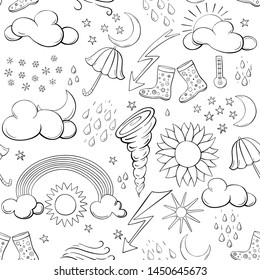 Seamless pattern of hand-drawn weather symbols. Hand-drawn doodle weather symbols.