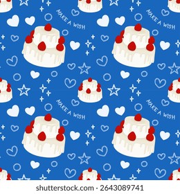 Seamless pattern of hand-drawn white cake with strawberries and cute elements on navy background, vector of white cake with creamy frosting and strawberries on top collection.