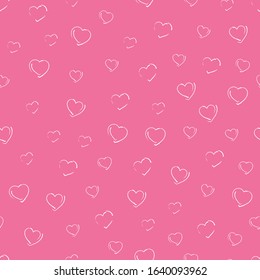 seamless pattern hand-drawn white chalk hearts of different sizes and shapes on a pink background. delicate soft pattern for romantic and kids textiles wrapping card banner fabric