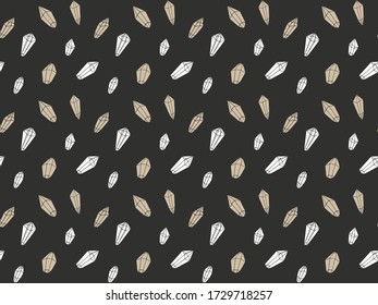 Patrón inmaculado de cristales preciosos de color blanco y oro dibujados a mano sobre un fondo negro. Pecar piedras. Para el diseño de tela, textil, ropa, moda, papel pintado. Vector.