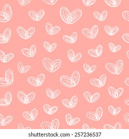 Seamless pattern with hand-drawn white hearts-butterflies on pink background