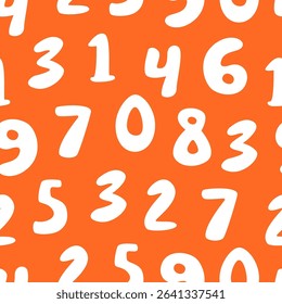 Seamless pattern with hand-drawn white numbers on bright orange background. Repeating numeric texture in playful handwritten style. 