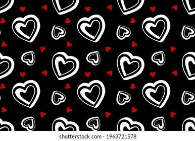 Seamless pattern of hand-drawn  white and red Hearts on black background. Happy Valentines Days background. Doodle style. Suitable for fabric, textile, wrapping paper, background etc.