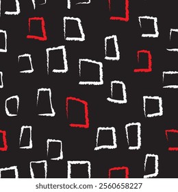 Seamless pattern with hand-drawn white and red squares on a black background. Vector illustration for interior design, prints on fabrics and packaging in an abstract style