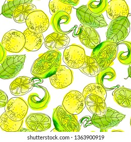 Seamless pattern of hand-drawn whole, lemon pieces and leaves.. Vector illustration