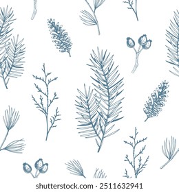 Patrón sin fisuras de Elementos botánicos de invierno dibujados a mano con ramas de pino, bayas y conos. Ilustración vectorial de estilo Antiguas para Fondo de pantalla, textil y diseño navideño.