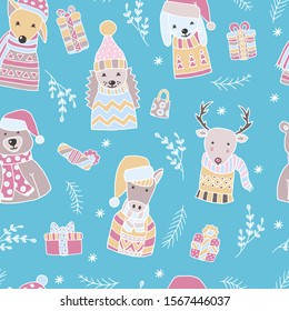 Seamless pattern of hand-drawn winter Christmas animals in Scandinavian style , vector for design of covers, packages, print on textiles