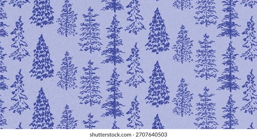 Seamless pattern with hand-drawn winter fir trees in doodle style. Simple sketchy Christmas forest background for wrapping paper, seasonal decor and holiday designs