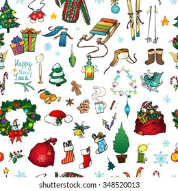 seamless pattern hand-drawn Winter season themed doodle Network - snovflakes, winter sport, Christmas menu, Christmas Tree, Christmas toys, a bag with gifts, winter set