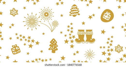 Patrón sin brillo con símbolos de invierno dibujados a mano. Fuegos artificiales, estrellas, copos de nieve. Elementos artísticos para envolturas de regalo, tarjetas y otros diseños festivos.
