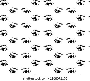 Seamless pattern of hand-drawn woman s eyes with shaped eyebrows. For business visit card, typography vector. As print for clothes, bags, towel, banner, background.
