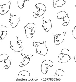 Seamless pattern with hand-drawn women's faces on white background. Modern fashionable pattern. Line art pattern. 