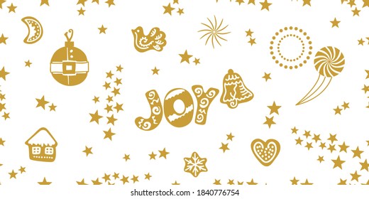 Seamless pattern with hand-drawn Xmas symbols. Fireworks, stars, snowflakes. Artistic elements for gift wrappings, cards and other festive designs.