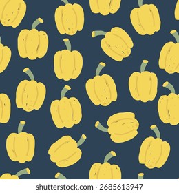 Seamless pattern with hand-drawn yellow bell peppers on dark blue background
