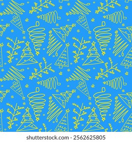 A seamless pattern of hand-drawn yellow Christmas trees, branches, and stars on a vivid blue background. Perfect for holiday decor, gift wrap, and winter-themed projects.