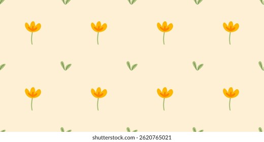 Seamless pattern of hand-drawn yellow flowers and green leaves on a light beige background, ideal for textile prints, wallpapers, and spring-themed designs.
