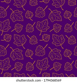Patrón sin foco, hojas amarillas dibujadas a mano sobre fondo morado