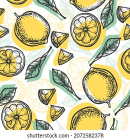 Nahtloses Muster handgezogener gelber Zitronen mit schwarzer Kontur. Hintergrund von Doodle frischen Zitrusfrüchten. Skizze für vegetarische Speisen. Endlose Vorlage im modernen Stil, Vektorgrafik.