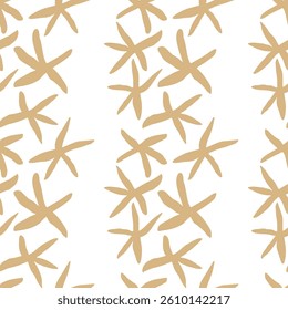 Seamless pattern with hand-drawn yellow starfish on white sandy background. Nautical marine repeat design in minimalist line art style. 