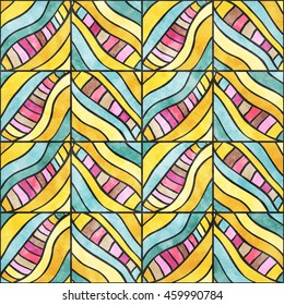 Seamless pattern with handdrawn zigzag ornament. Colored stripped background with watercolor texture