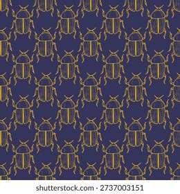 seamless pattern with handdrown beetles on a dark blue background in vintage style