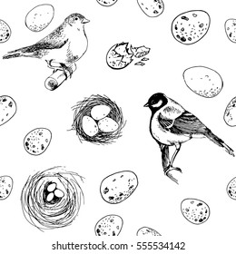 Seamless pattern with handdrown birds, titmouse, eggs and nests.