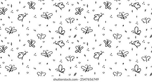 Seamless pattern with handdrrawn butterflies. Contour drawn cute moth insect background. Doodle scribble hearts and butterfly, children style drawing. Nature classy vector repeating monochrome patern