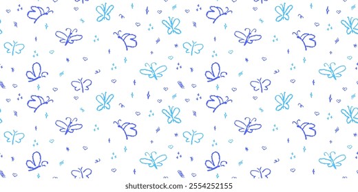 Seamless pattern with handdrrawn butterflies. Contour drawn cute moth insect background. Doodle scribble hearts and butterfly, children style drawing. Nature classy vector repeating color pattern