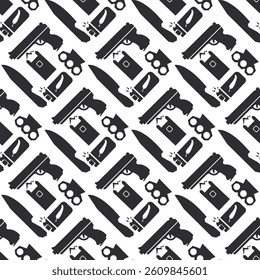 Seamless pattern with handgun, pepper spray, brass knuckles and stun gun