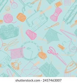 Seamless pattern of handicraft equipment, needlecraft hobby. Ornament of tailor tools, crochet, knitting, thread, needle, scissors.