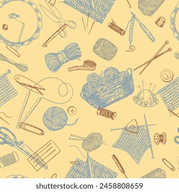 Seamless pattern of handicraft equipment, needlecraft hobby. Ornament of hobby tools, crochet, knitting, thread, needle, scissors.