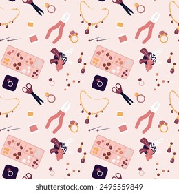 Seamless pattern with handle tools for makes jewelry by hand from precious metals, brilliants and diamonds. Texture, wallpaper template with jewelry equipment and expensive accessories. flat vector