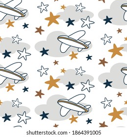 
Seamless pattern with handmade celestial space elements, airplane, stars, clouds. Trendy kids vector background.