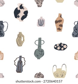 Patrón sin fisuras con cerámica hecha a mano. Floreros de cerámica modernos, cerámica hecha a mano, fondo sin fin, impresión repetida, diseño de textura para textiles, papel de embalaje. Ilustración vectorial plana imprimible