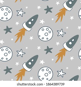
Seamless pattern with handmade cosmic space elements, rockets, stars, planets. Trendy kids vector background. For children's fabrics, covers, pajamas, clothes.
