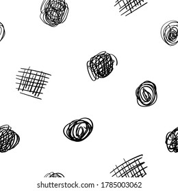 Motif harmonieux d'éléments graphiques faits à la main.Fond d'écran avec formes abstraites et textures d'esquisse.Cercles, carrés, spirales, arrière-plan doodle.Création dessinée à la main.Noir sur blanc.Illustration vectorielle