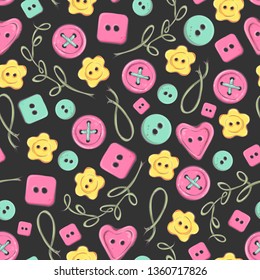 Seamless pattern handmade knitted flowers and elements and accessories for crocheting and knitting.