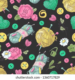 Seamless pattern handmade knitted flowers and elements and accessories for crocheting and knitting.