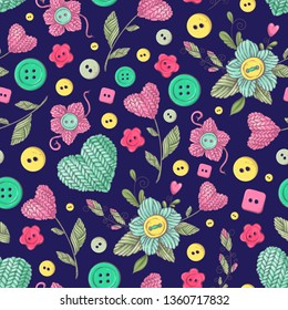 Seamless pattern handmade knitted flowers and elements and accessories for crocheting and knitting.